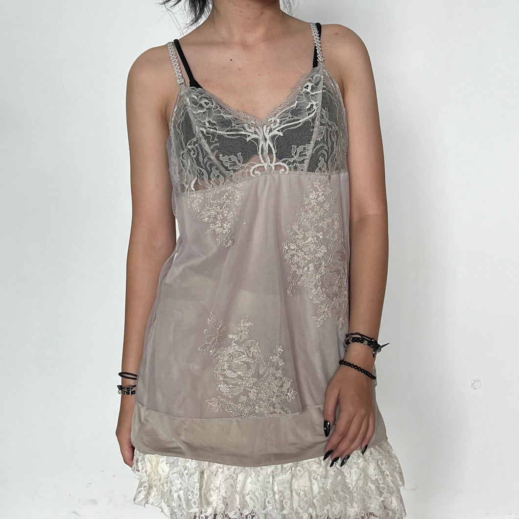 Grey Beige Mesh Overlay Floral Embroidered Lace Bust Slip Dress Top