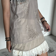 Load image into Gallery viewer, Grey Beige Mesh Overlay Floral Embroidered Lace Bust Slip Dress Top
