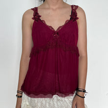 Load image into Gallery viewer, Maroon Pink Fairycore Mesh Floral Sequinned Lace Cami Top
