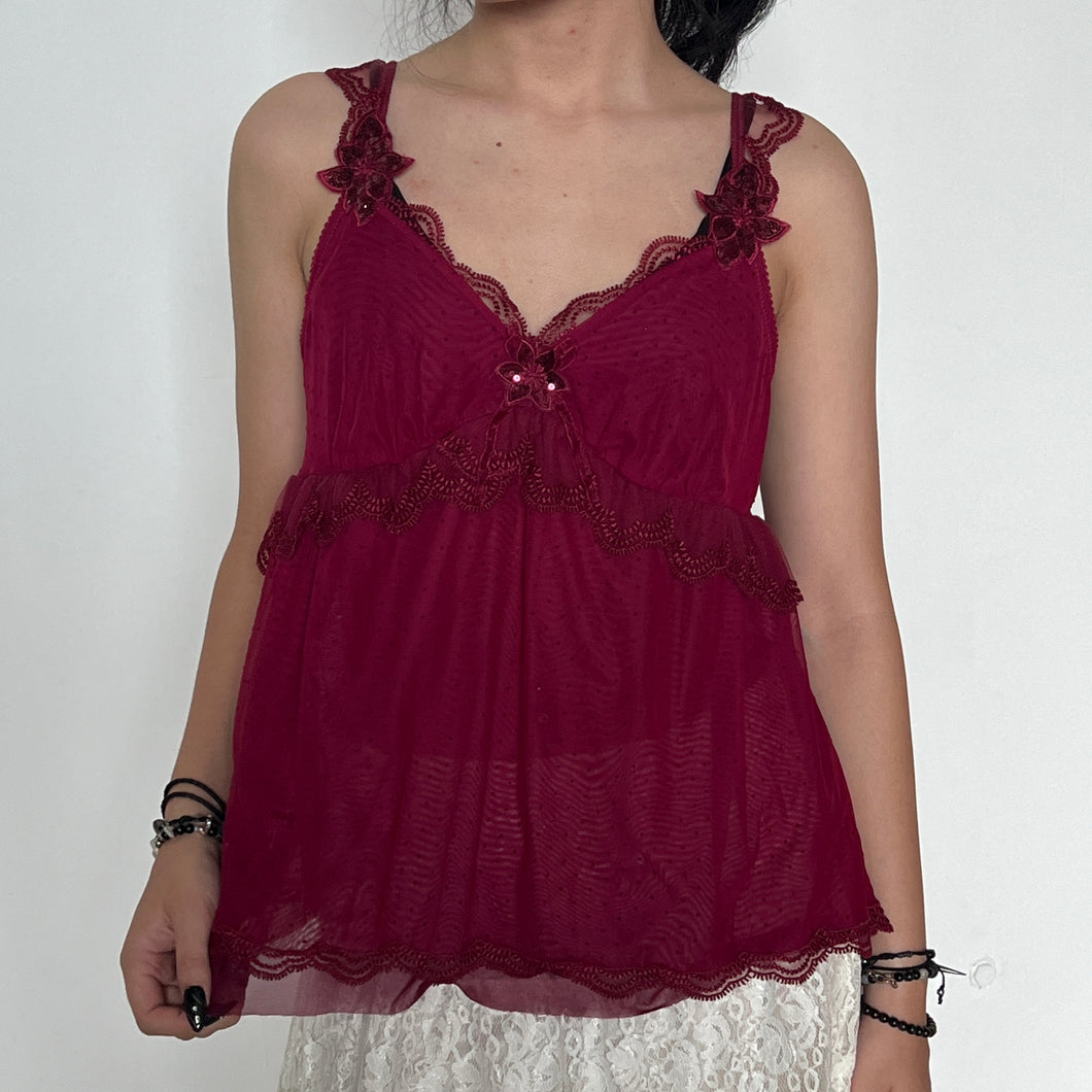 Maroon Pink Fairycore Mesh Floral Sequinned Lace Cami Top