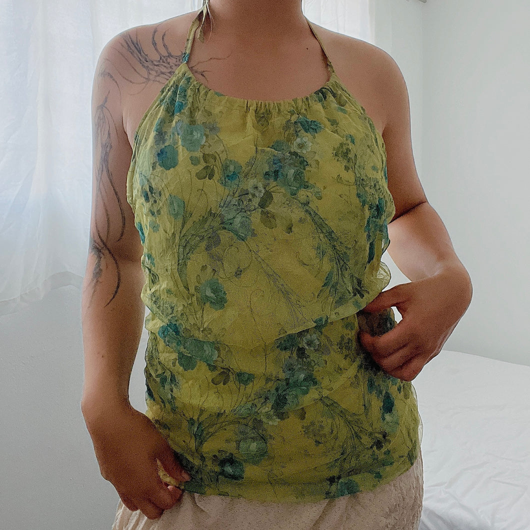 Green Floral Mesh Halter Tie Top