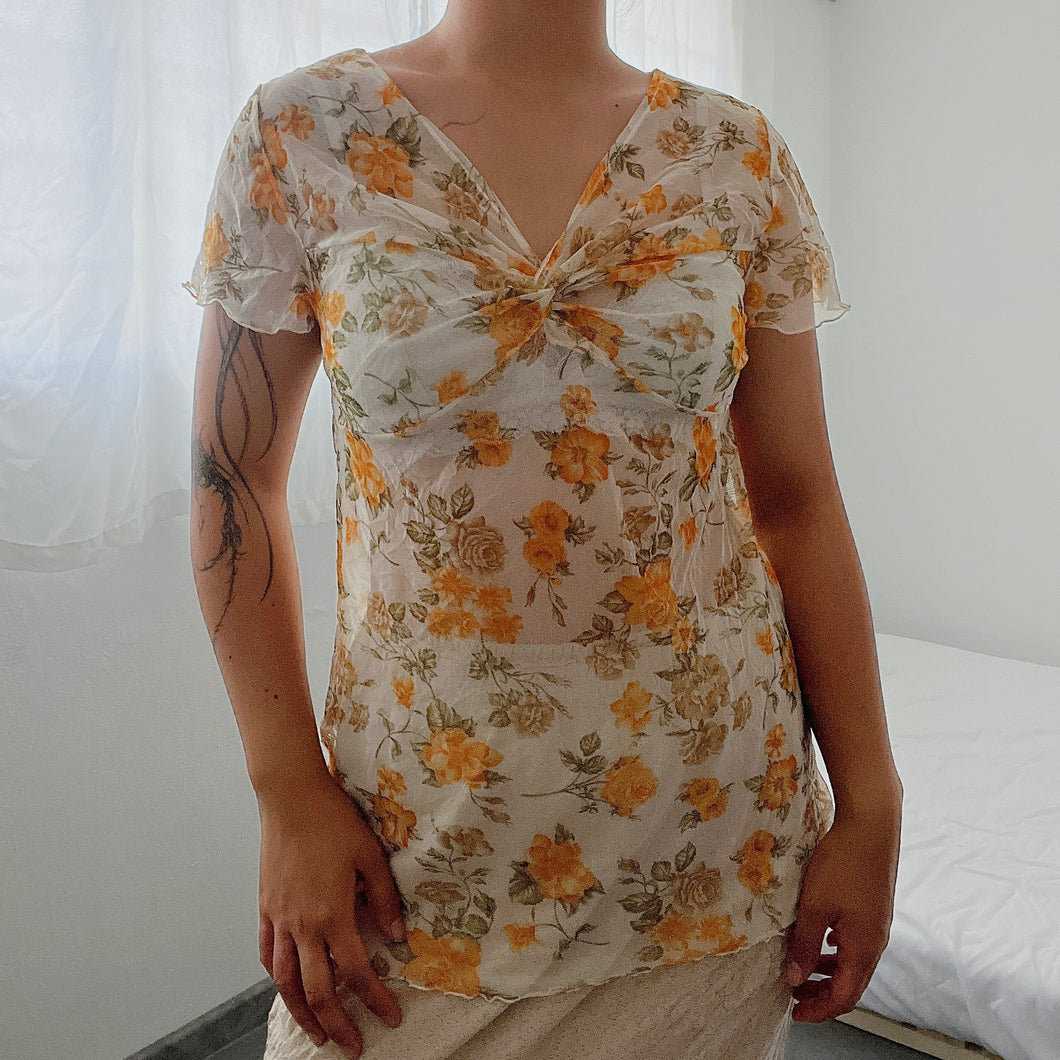 Blossom Flowers Mesh Yellow Orange Short Sleeves Top