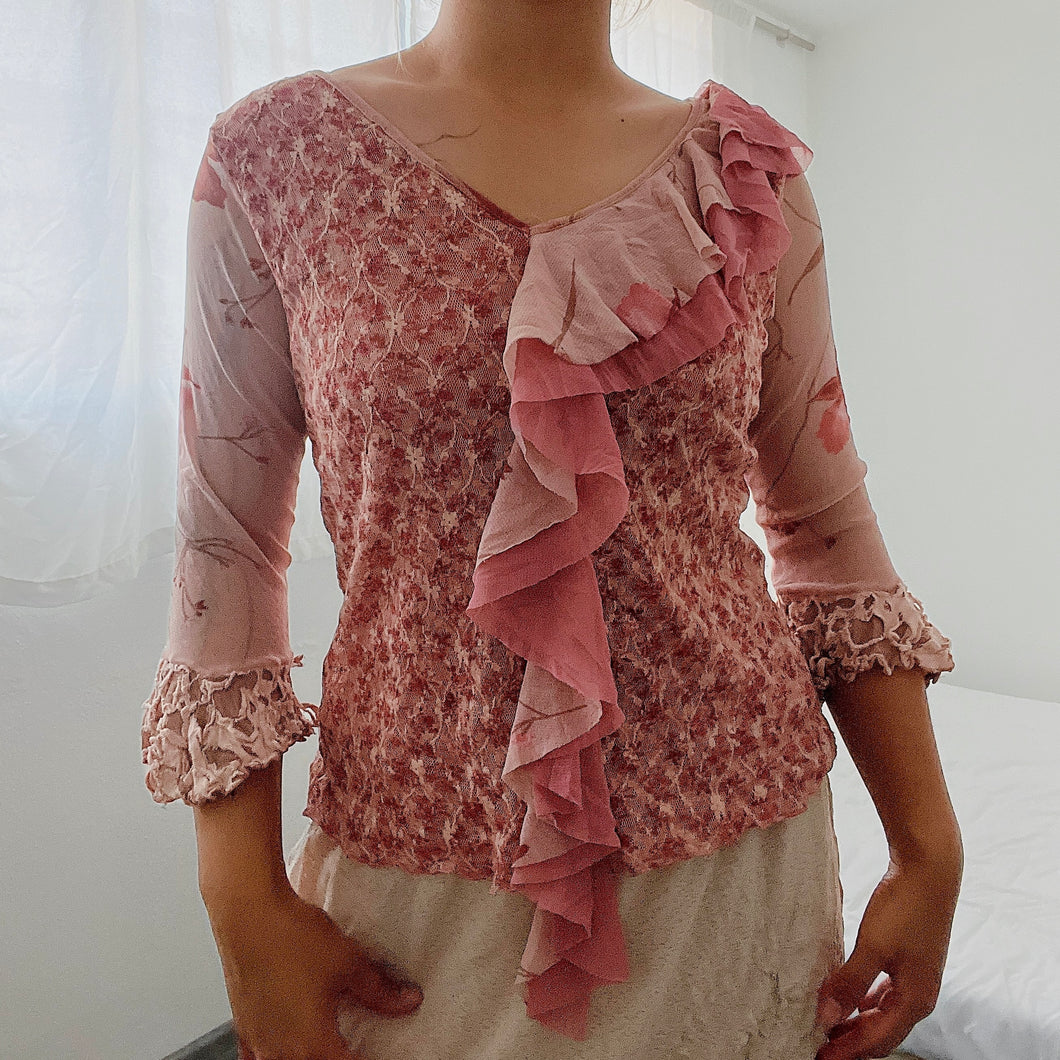 90s Pink Ruffles Floral Mesh Fairy Long Sleeves Top