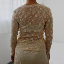 Load image into Gallery viewer, Peranakan Beige Floral Lace Button V Neck Mesh Long Sleeves Top
