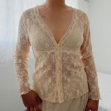 Load image into Gallery viewer, Peranakan Beige Floral Lace Button V Neck Mesh Long Sleeves Top
