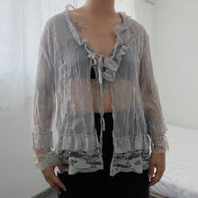 Load image into Gallery viewer, Blue Grey Lace Ruffles Mesh Tie Fairy Long Sleeves Top
