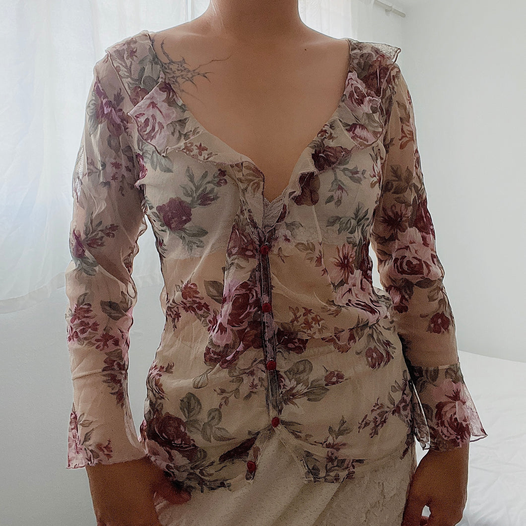 Grunge Beige Rose Ruffles Fairy Long Sleeves Top