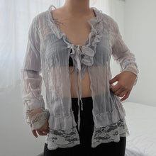 Load image into Gallery viewer, Blue Grey Lace Ruffles Mesh Tie Fairy Long Sleeves Top
