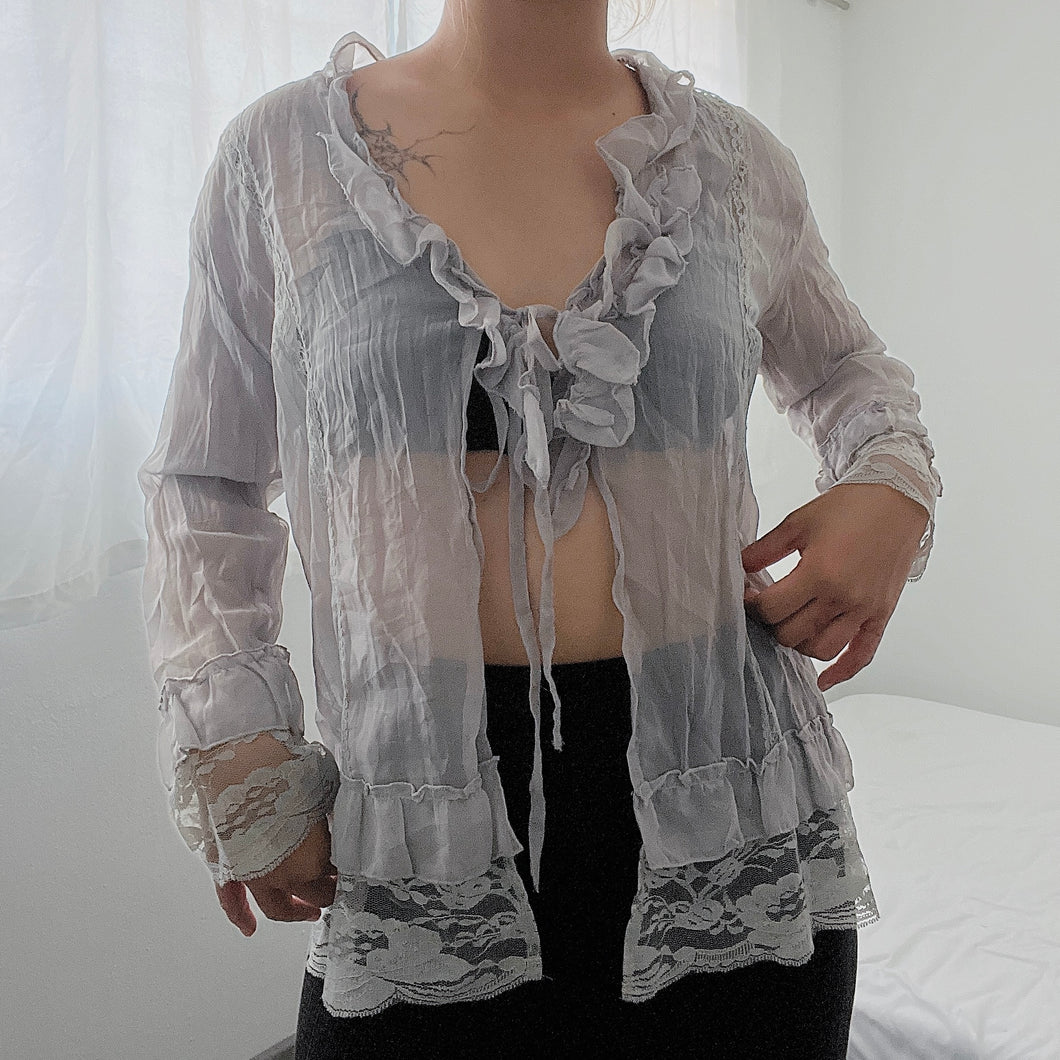 Blue Grey Lace Ruffles Mesh Tie Fairy Long Sleeves Top