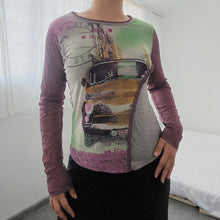 Load image into Gallery viewer, 90s Graphics Mesh Purple Patchwork Long Sleeves Top
