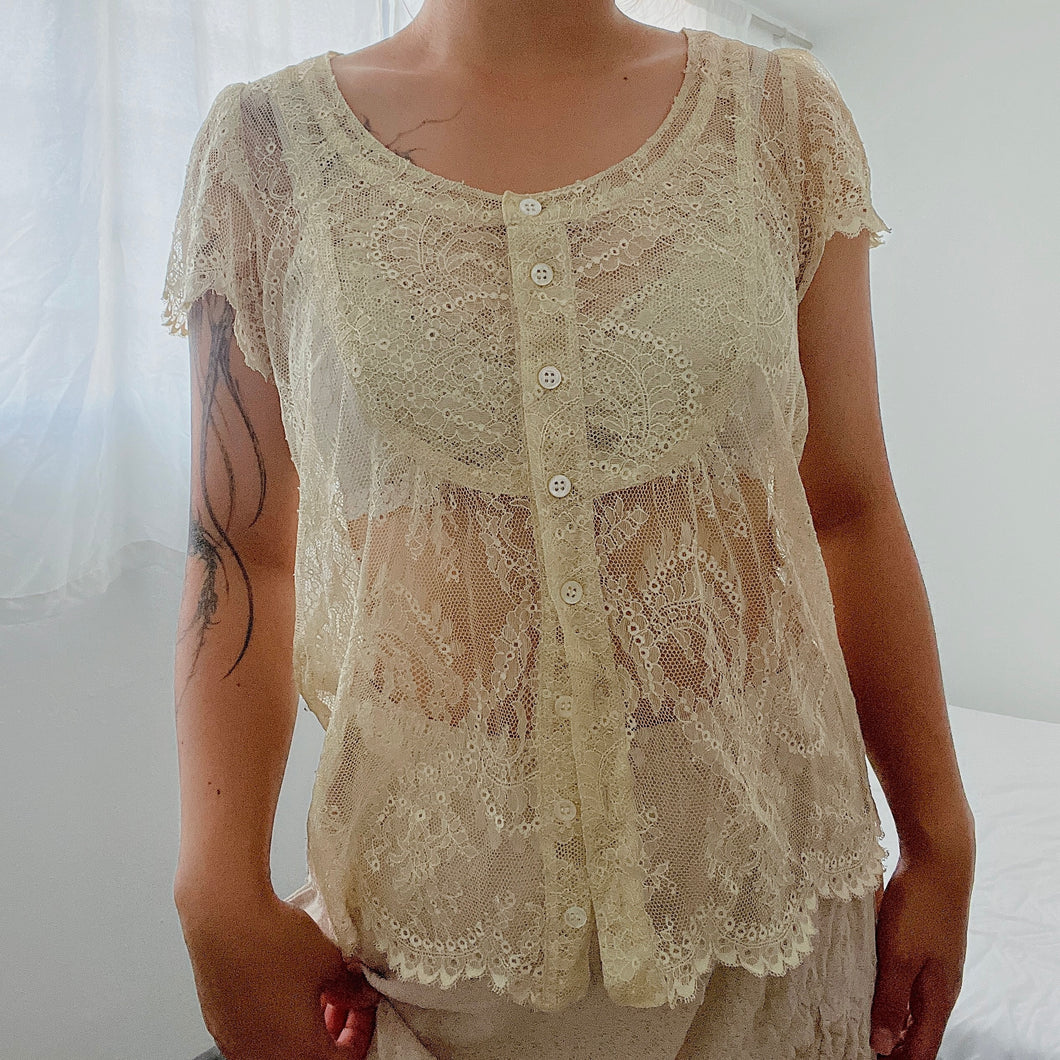 Beige Coquette Victorian Mesh Short Sleeves Fairy Top